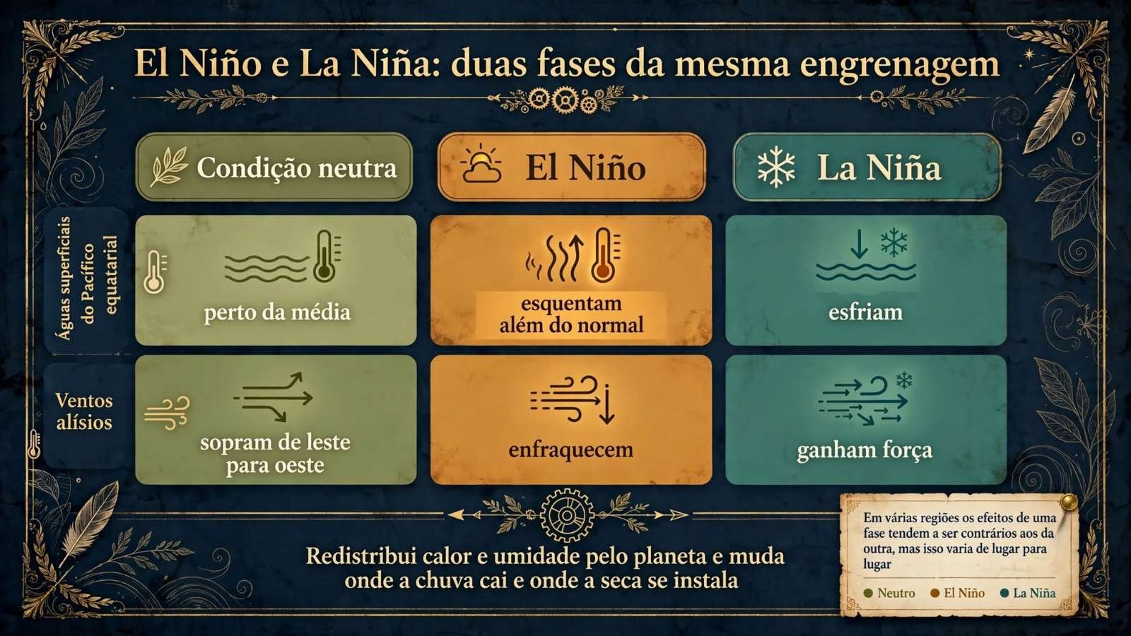 Diagrama comparando as condições neutra, El Niño e La Niña quanto às águas do Pacífico equatorial e aos ventos alísios, ligadas por uma engrenagem