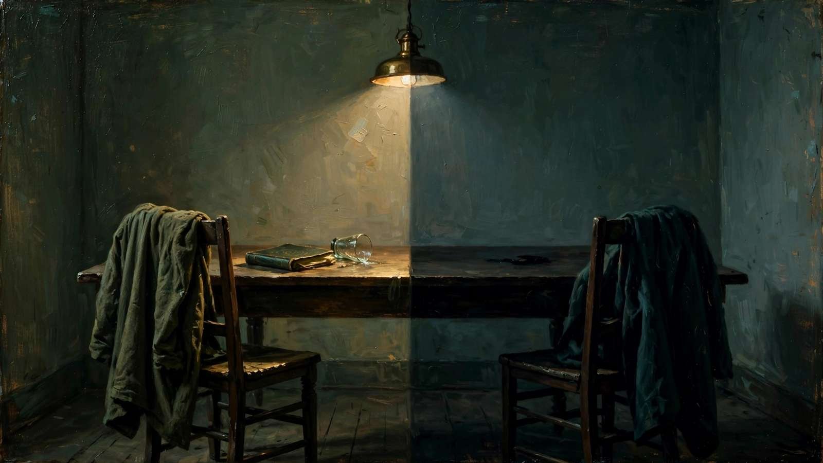 Pintura a óleo de duas cadeiras frente a frente em uma mesa escura dividida ao meio por uma sombra, com um casaco sobre cada encosto e nenhum rosto visível.