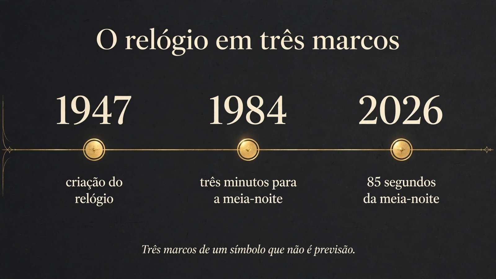 Linha do tempo com três marcos do Relógio do Juízo Final: 1947, 1984 e 2026