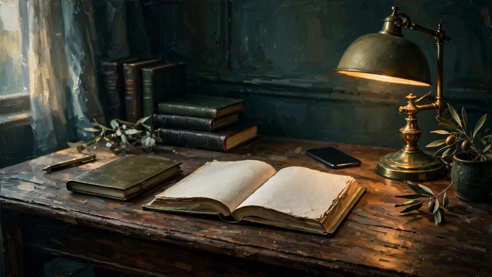 Mesa de estudo organizada com livro aberto, caderno, caneta e celular virado para baixo