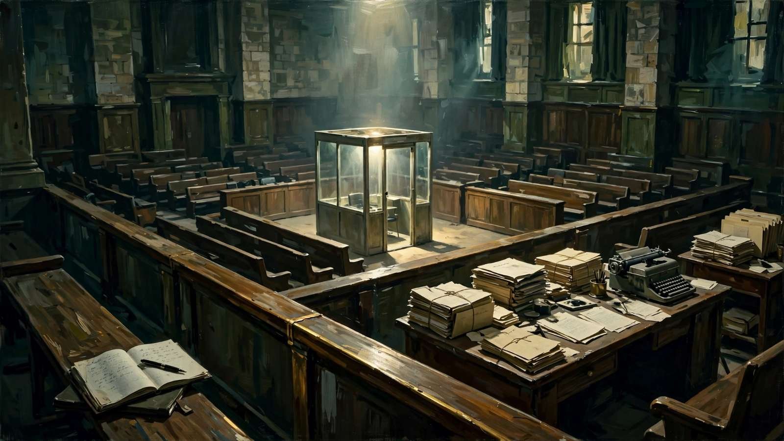 Pintura a óleo de um tribunal vazio em Jerusalém, em 1961, com uma cabine de vidro ao centro, bancos vazios, pilhas de processos e um caderno aberto sobre um banco.