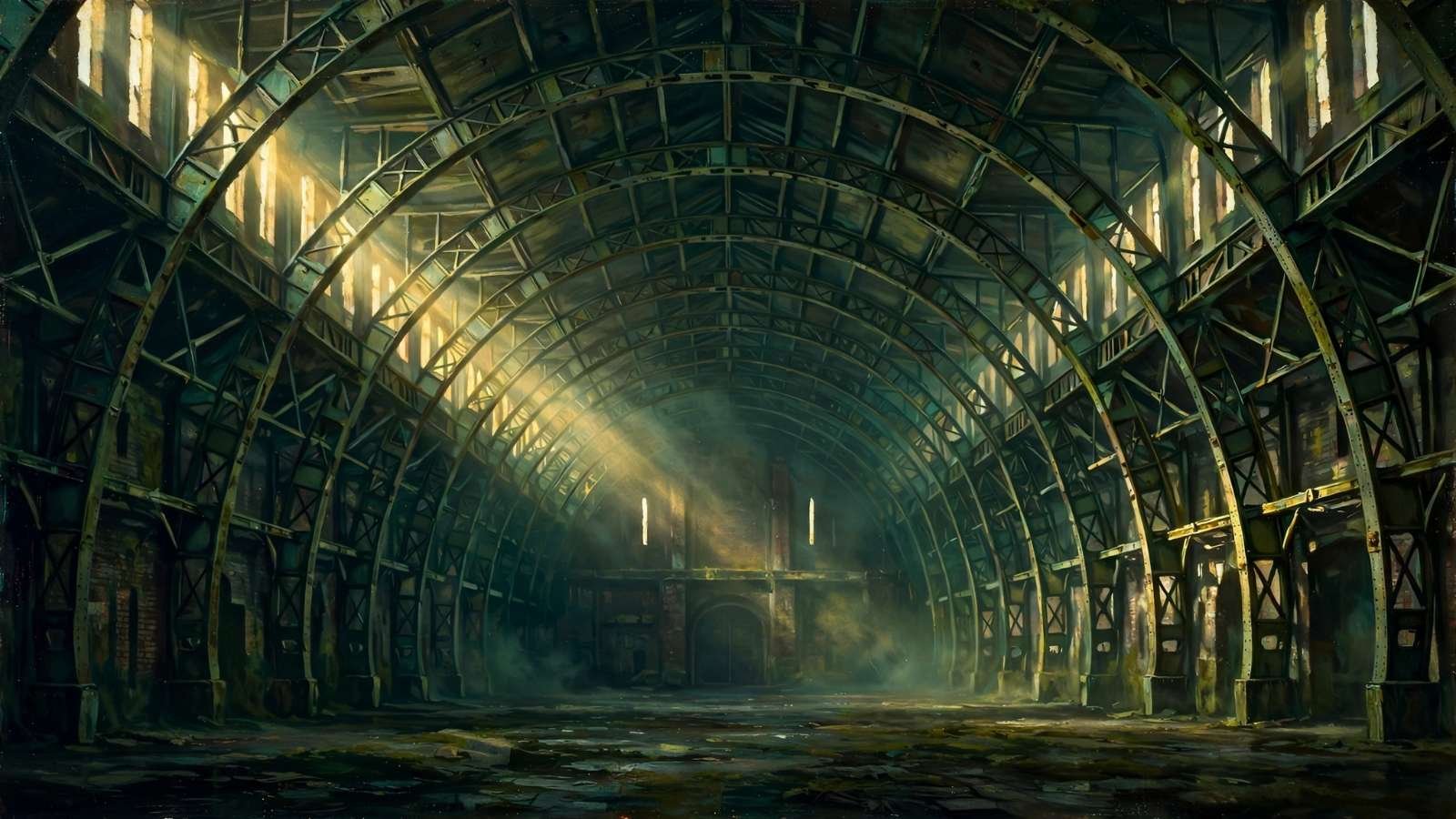 Hangar gigantesco e vazio com luz entrando por frestas altas