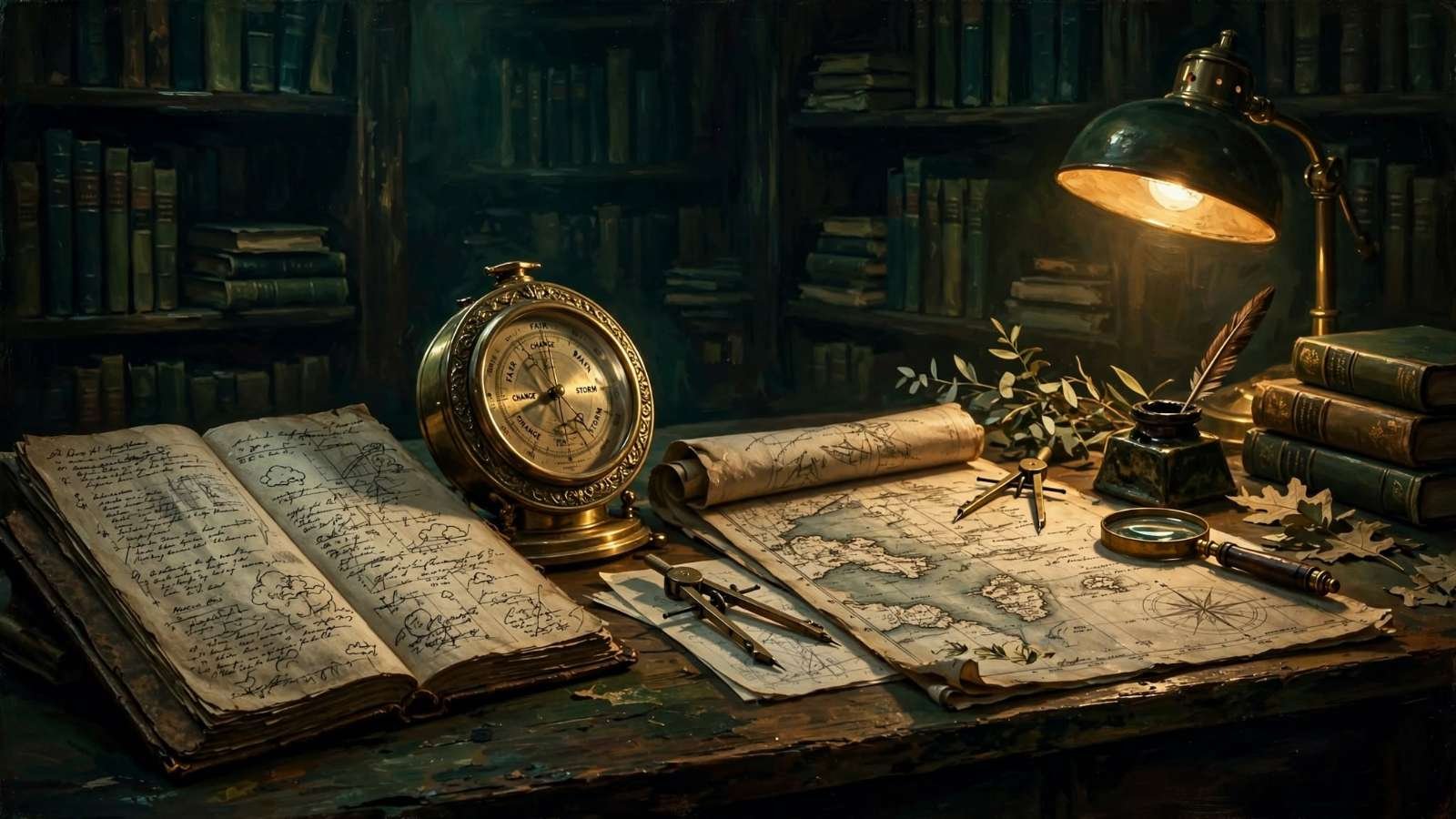 Mesa de arquivo com registros meteorológicos manuscritos, barômetro antigo e mapa náutico sob luz baixa