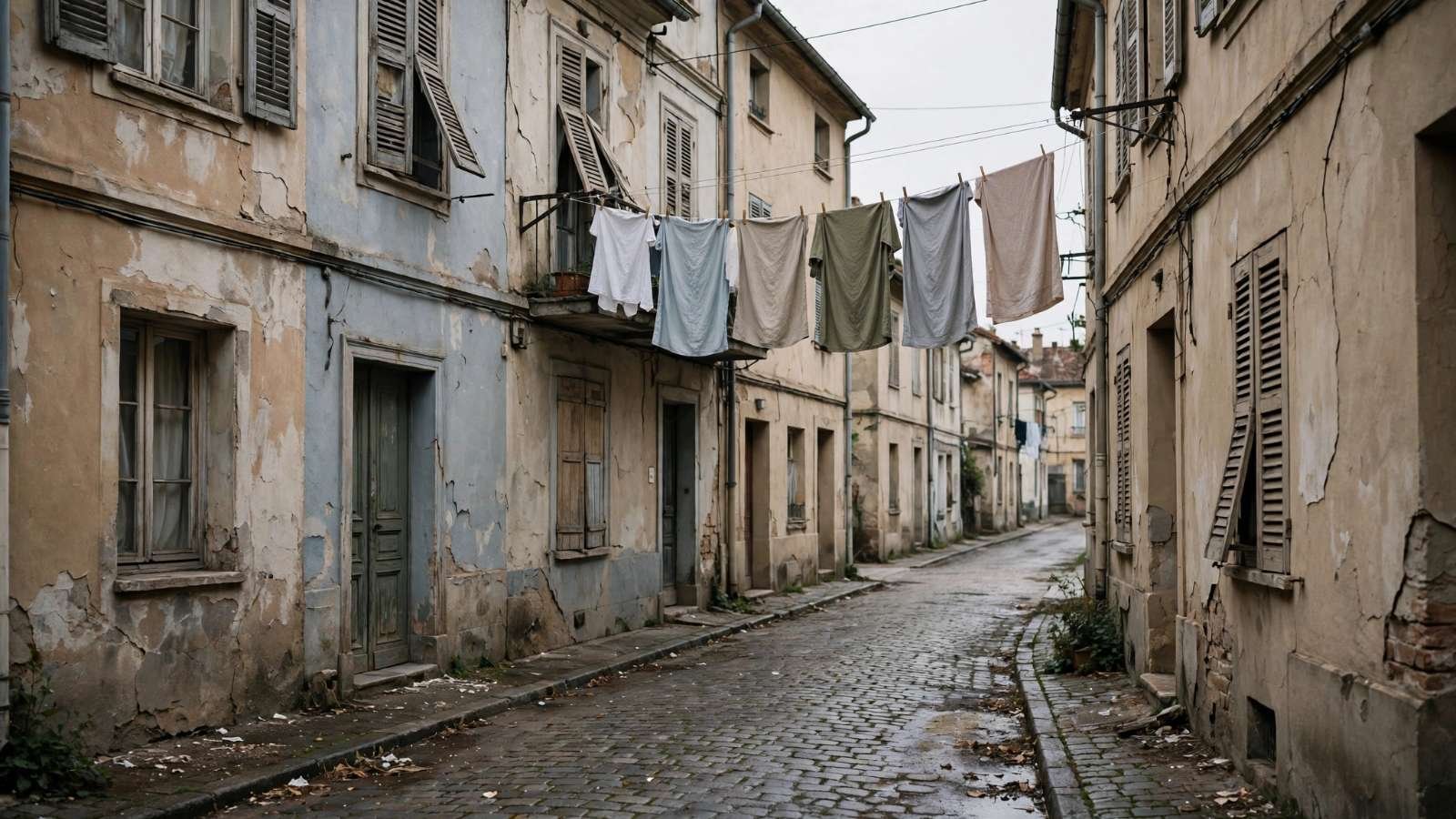 Quando os tiros param Rua residencial com fachadas danificadas e roupas em um varal, sem vítimas nem rostos