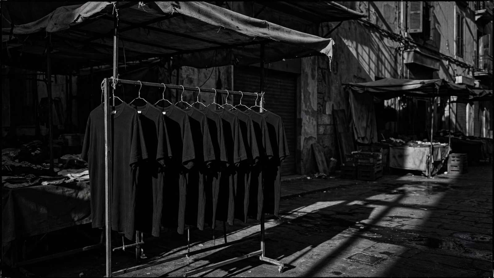Arara com camisetas pretas lisas em uma feira, sem estampas legíveis nem marcas