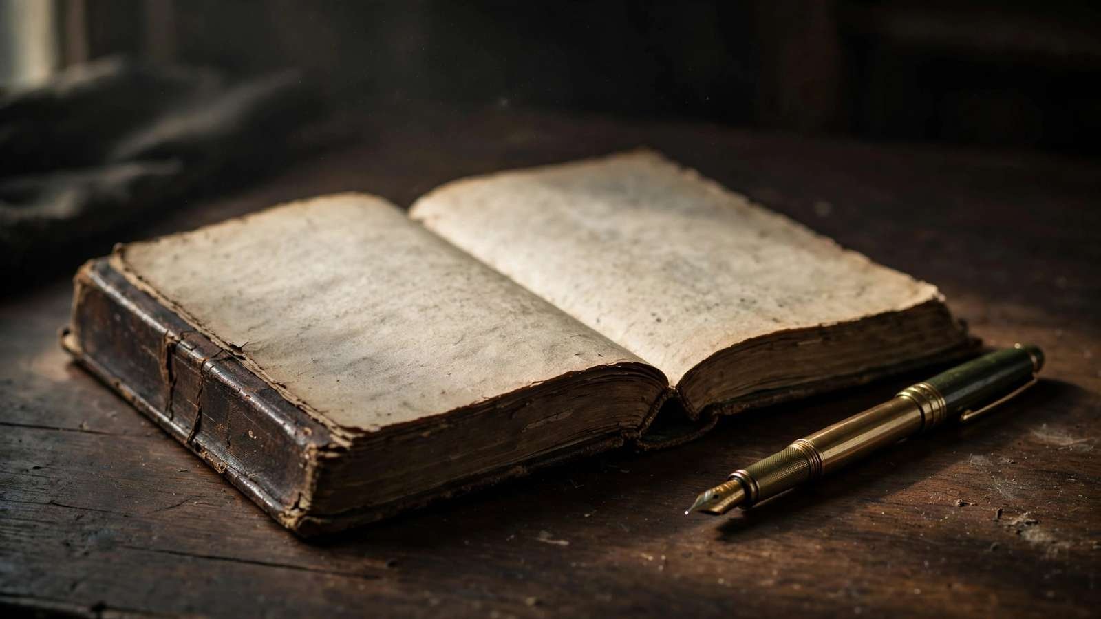 Promessa e poder Natureza-morta com livro antigo aberto, de páginas ilegíveis, e caneta-tinteiro sobre mesa de madeira escura