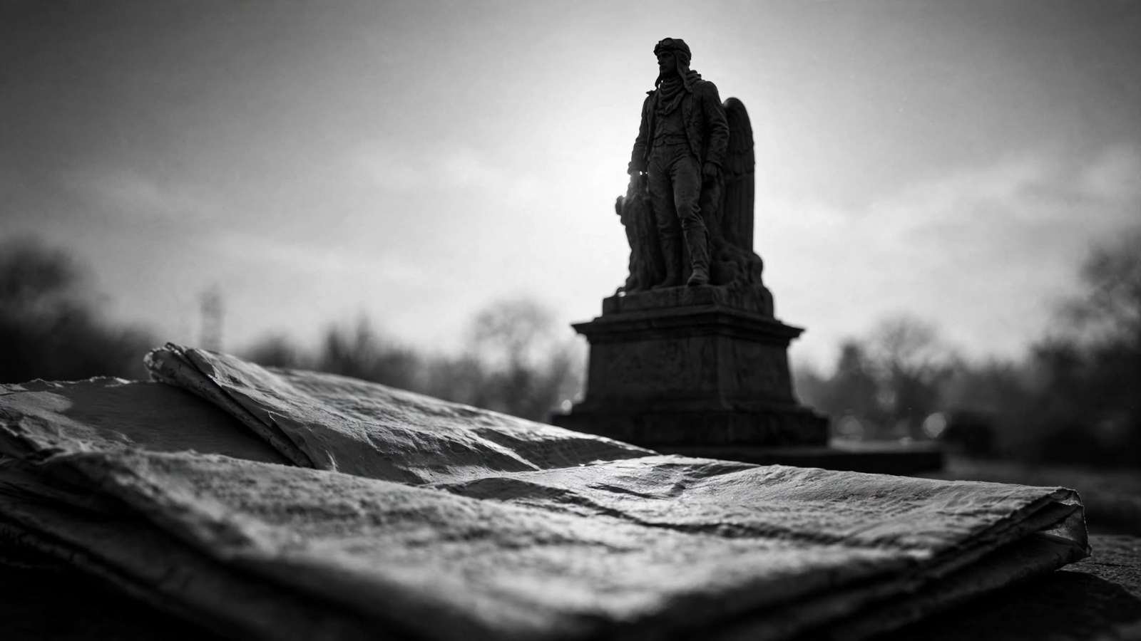 Do rodapé ao monumento Monumento de um aviador em contraluz com uma página de jornal antigo em primeiro plano