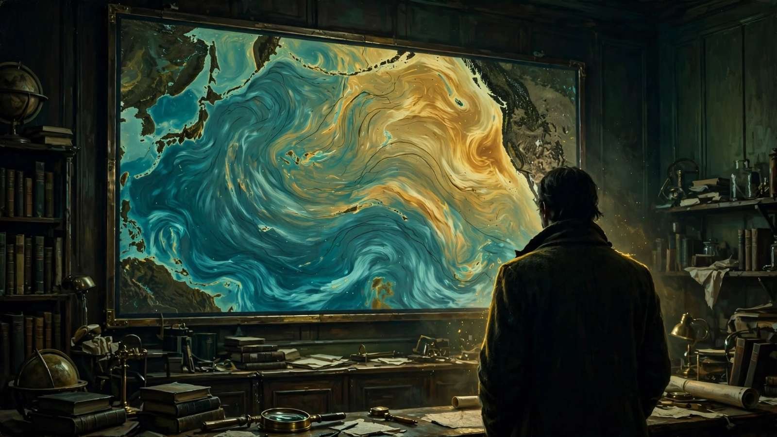Painel de monitoramento climático em sala escura exibindo um mapa de temperatura da superfície do oceano, com uma silhueta observando de costas