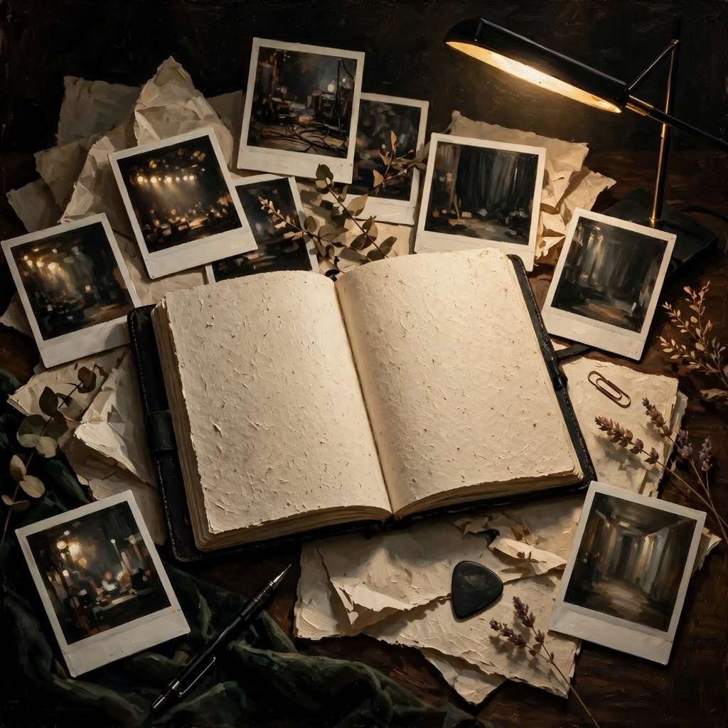 Ilustração em estilo pintura a óleo (dark academia) sobre escrivaninha, exibindo um caderno de anotações aberto, fotografias estilo polaroid de bastidores, rascunhos e uma luminária de mesa moderna com luz suave.