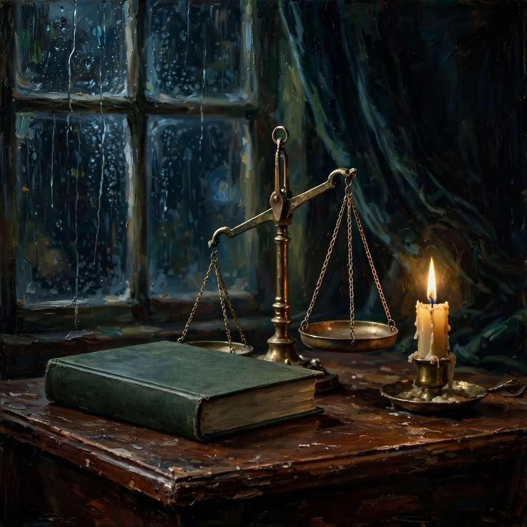 Balança de latão antigo e um livro fechado sobre uma mesa rústica à luz de velas, representando o peso das emoções na polarização política.
