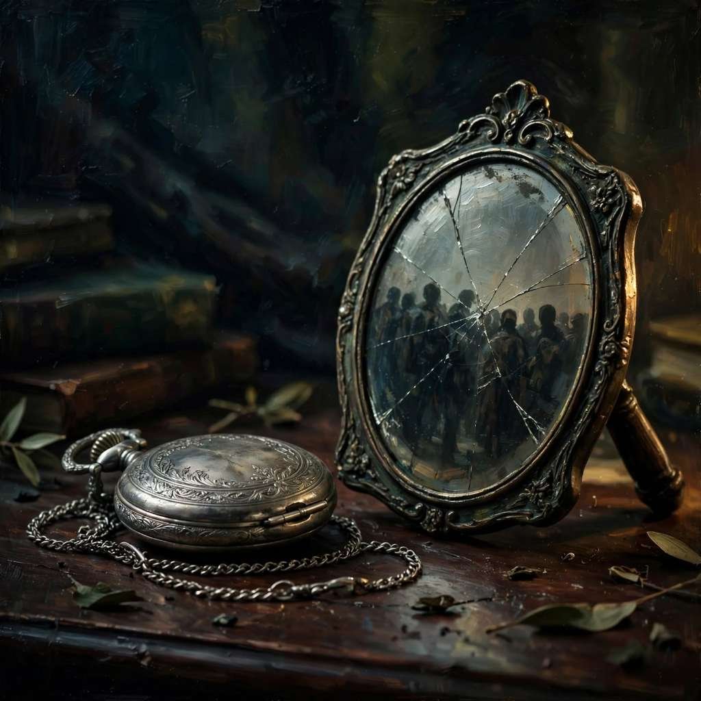 Relógio de bolso de prata antigo ao lado de um espelho de mão rachado que reflete a silhueta de uma multidão sem rosto, simbolizando a psicologia da polarização política.