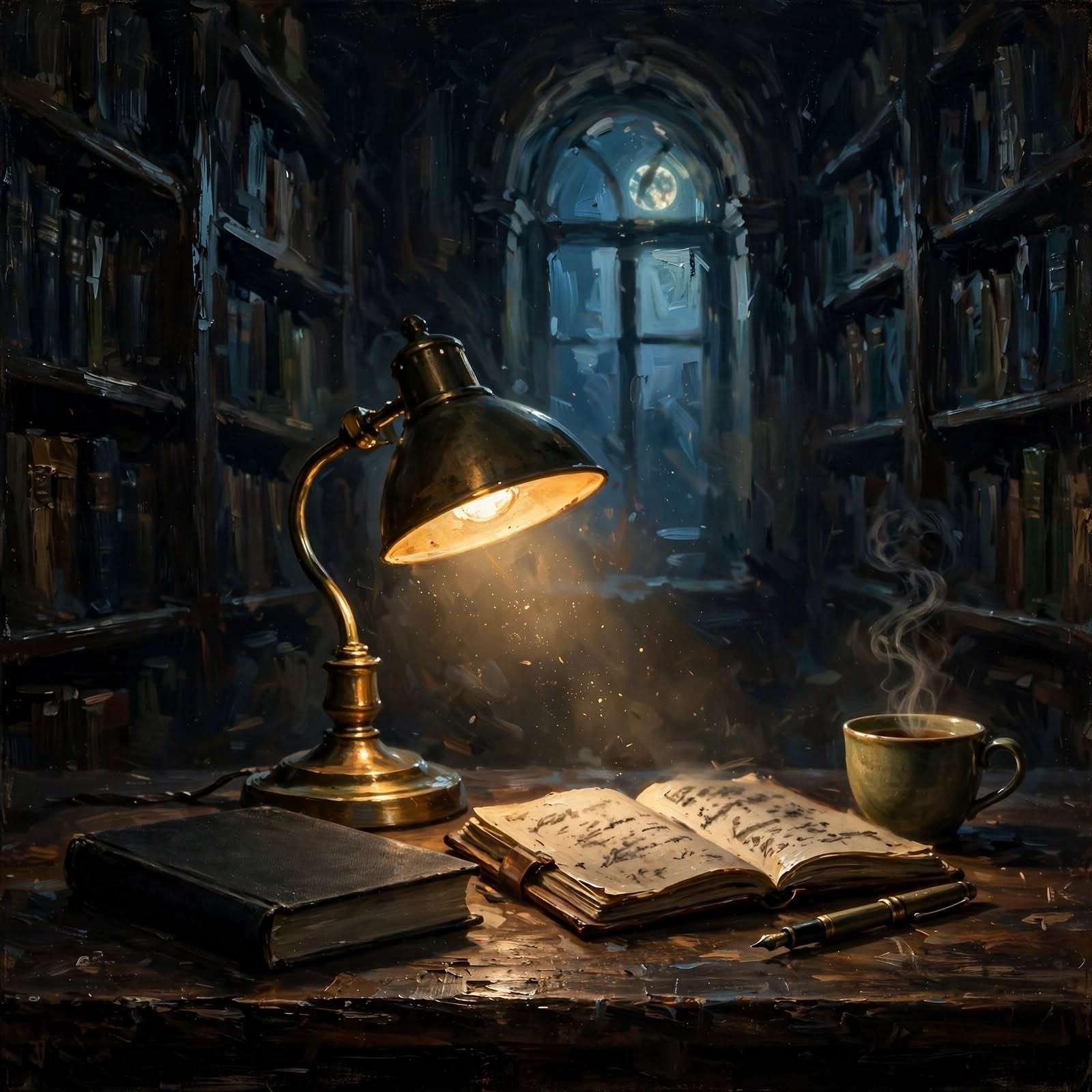Livro de capa escura sobre mesa de nogueira, ao lado de lâmpada de latão, caderno aberto e xícara de chá, em biblioteca à meia-luz