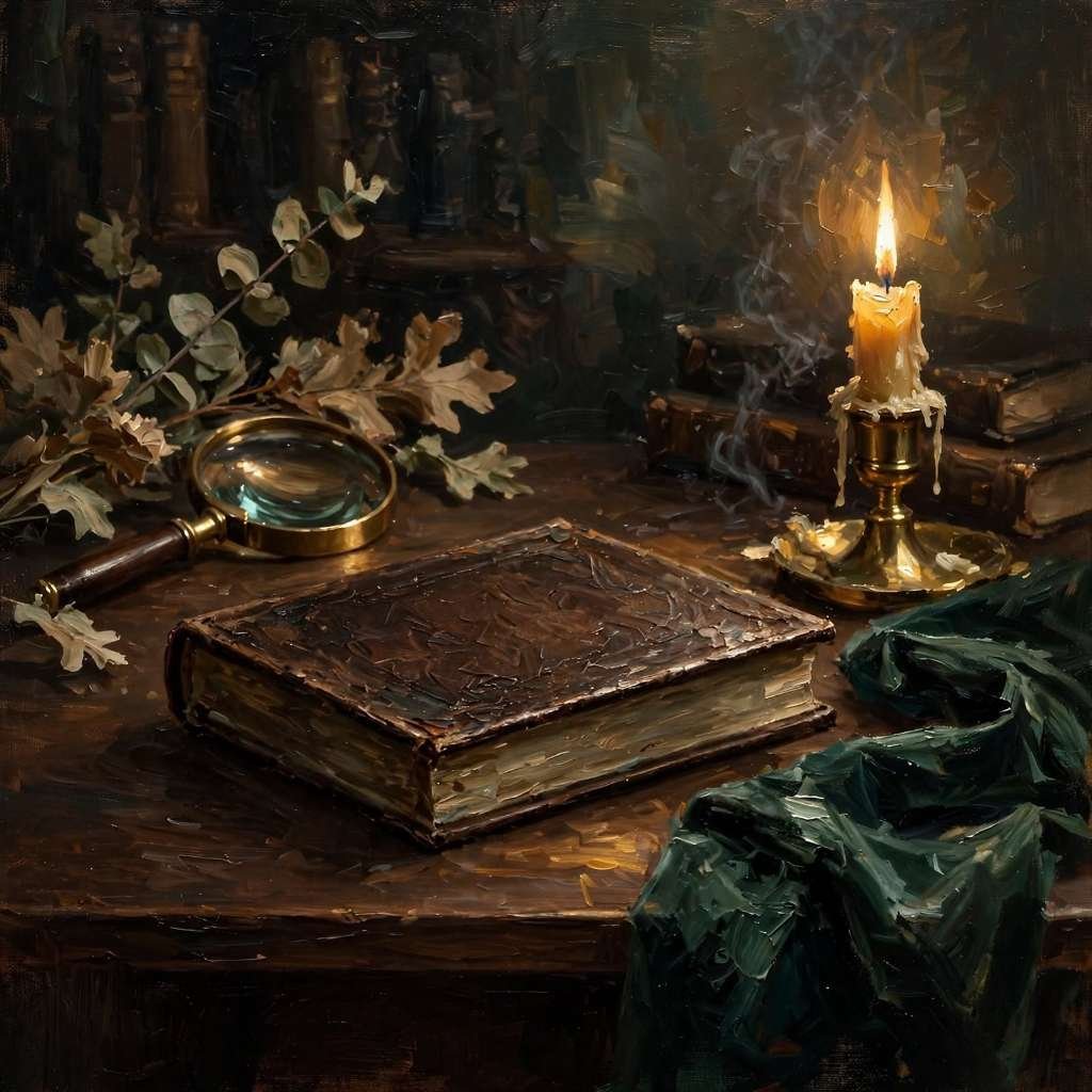 Ilustração em estilo pintura a óleo (dark academia) sobre escrivaninha de madeira, exibindo um livro encadernado em couro, uma lupa dourada, castiçal com vela acesa e folhas secas.