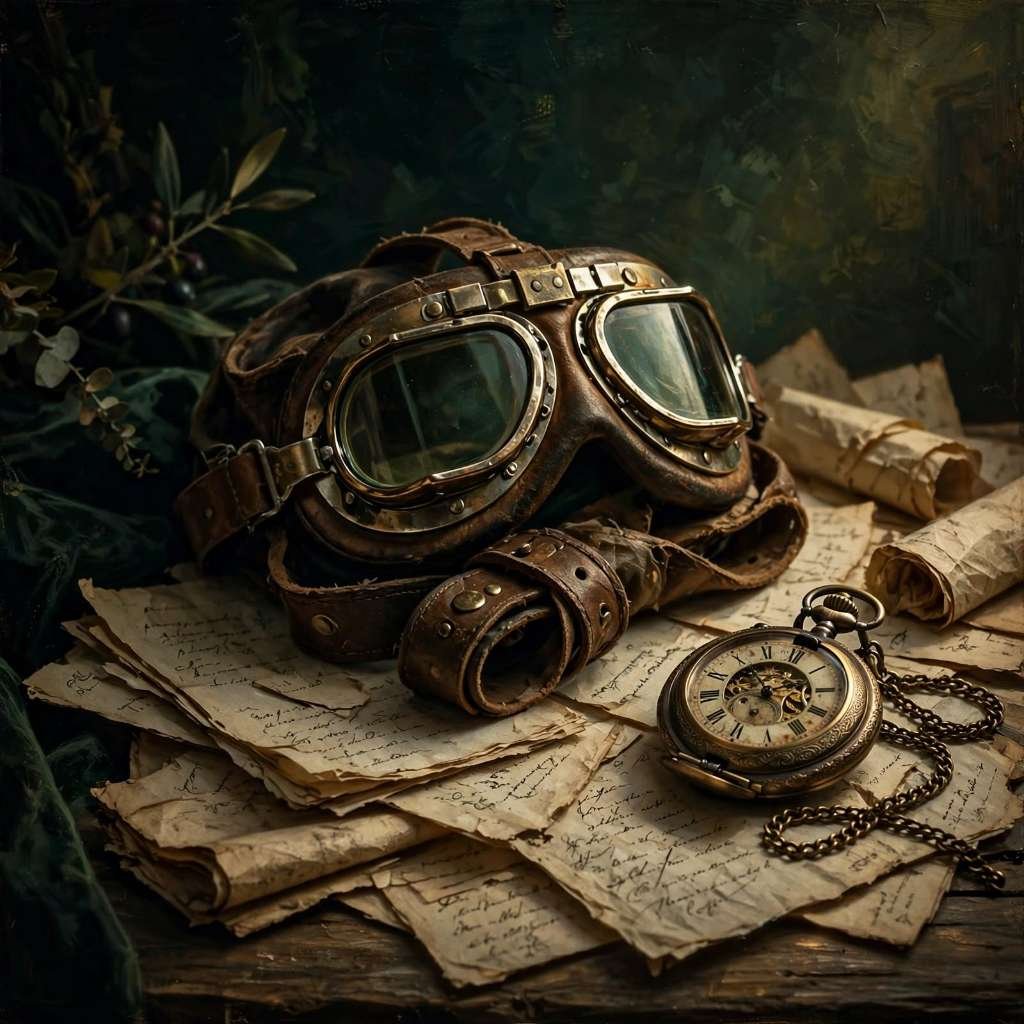 Óculos de aviador vintage sobre manuscritos e um relógio de bolso antigo, simbolizando as memórias e o legado de Santos Dumont.