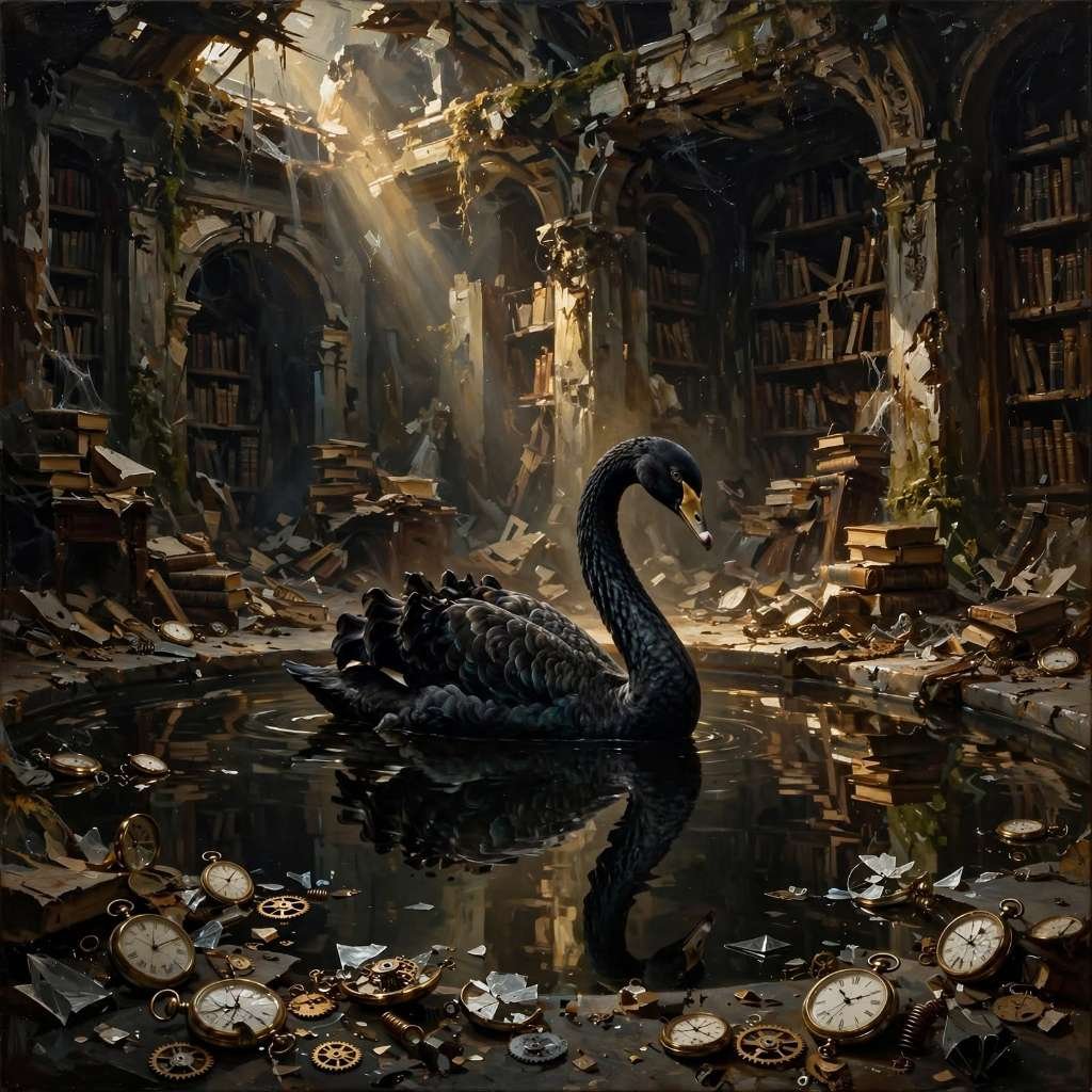 Um cisne negro majestoso nadando em um espelho d'água dentro de uma biblioteca clássica em ruínas com relógios quebrados pelo chão, representando a imprevisibilidade.
