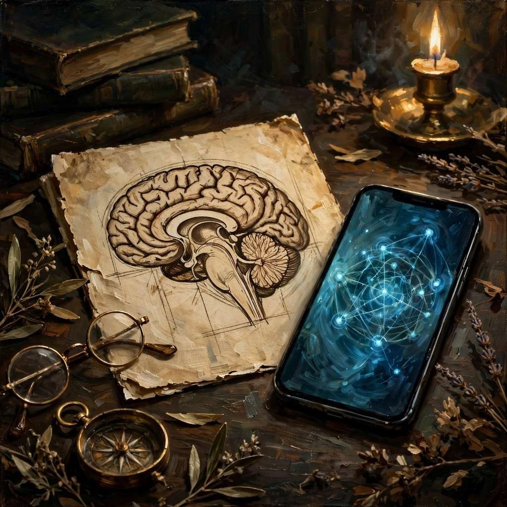 Ilustração vintage da anatomia do cérebro humano sobre uma mesa de madeira escura, ao lado de um smartphone com tela brilhante, representando o vício digital e a química do prazer.