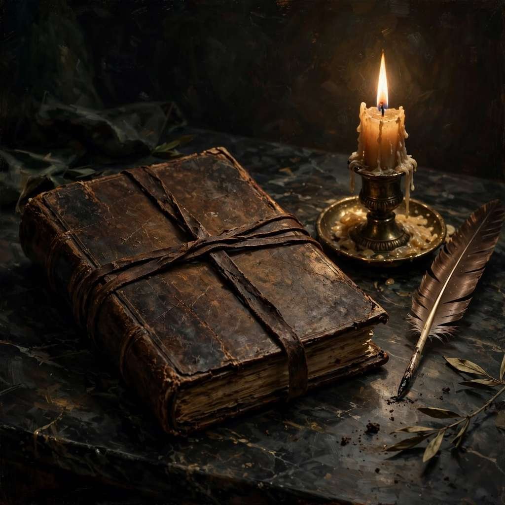 Ilustração vintage de um antigo manuscrito romano encadernado em couro sobre uma mesa de mármore escura, iluminado por uma vela, representando a sabedoria clássica estoica e a passagem do tempo.