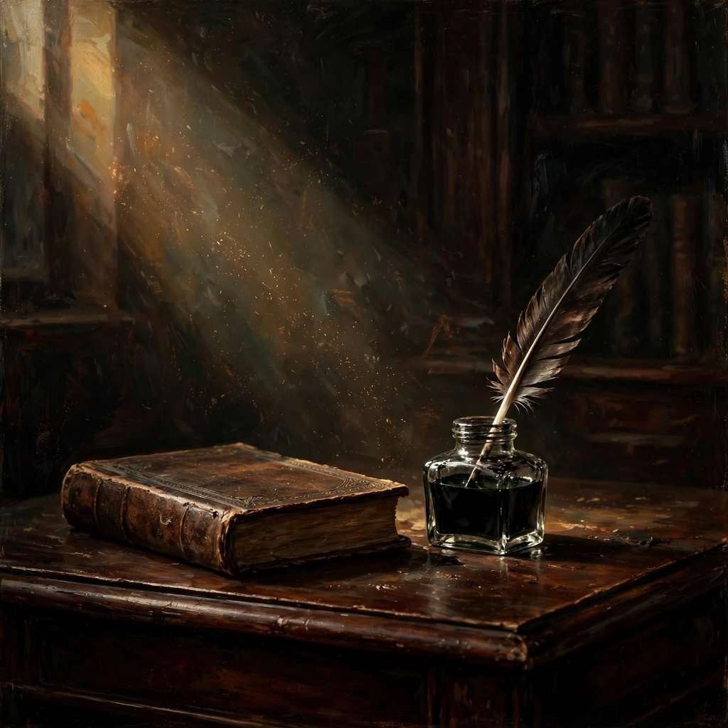 Ilustração em estilo pintura a óleo (dark academia) sobre escrivaninha de mogno, exibindo um volume encadernado em couro, um tinteiro de vidro com pena e feixes de luz cruzando o ambiente.